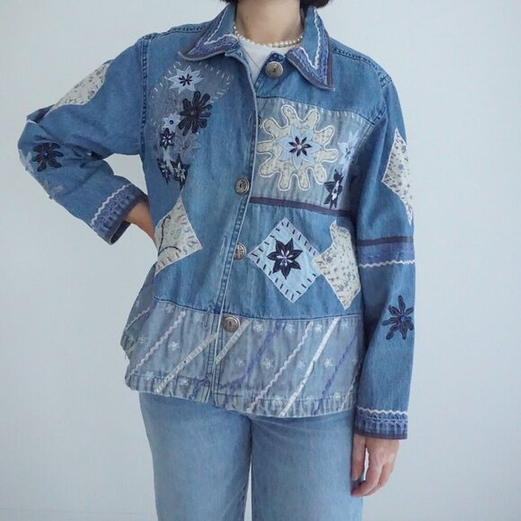 Vintage Keren Hart Blue Patchwork Button Up Lightweight Denim Jacket Xl - Picture 1 of 13